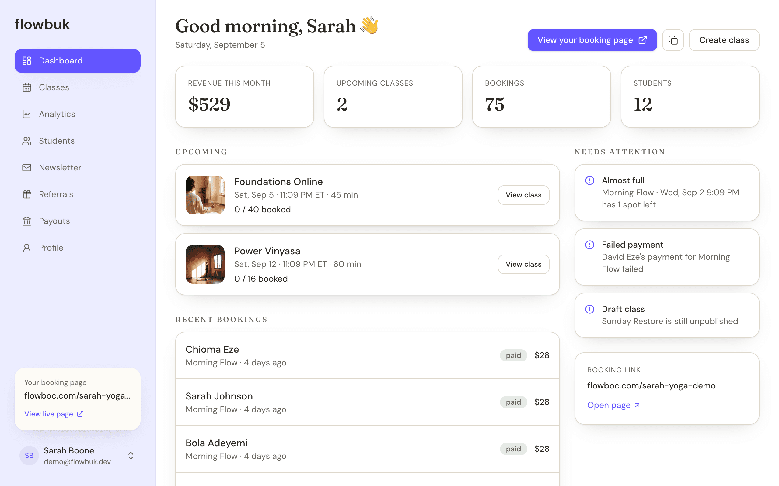 Flowbuk dashboard showing revenue, upcoming classes and bookings