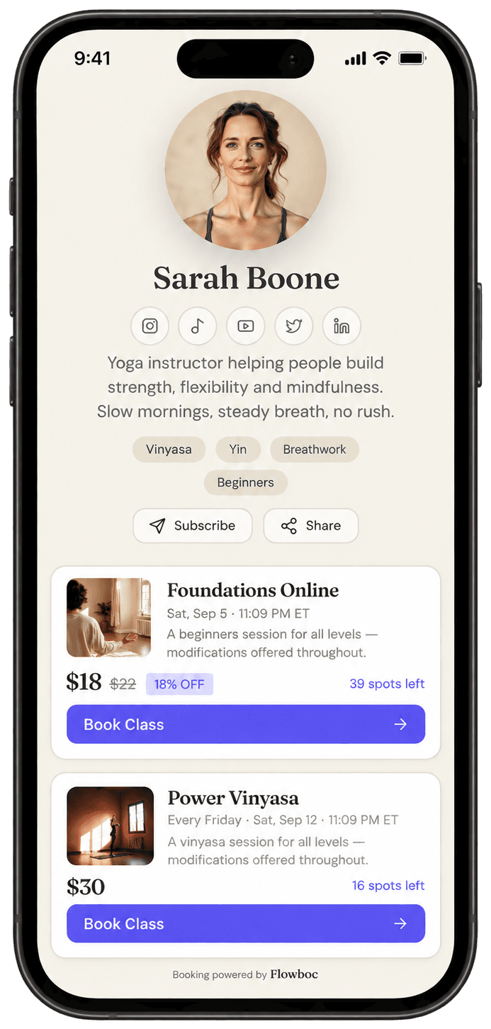 Flowbuk booking page shown on a phone, with upcoming classes and a book class button